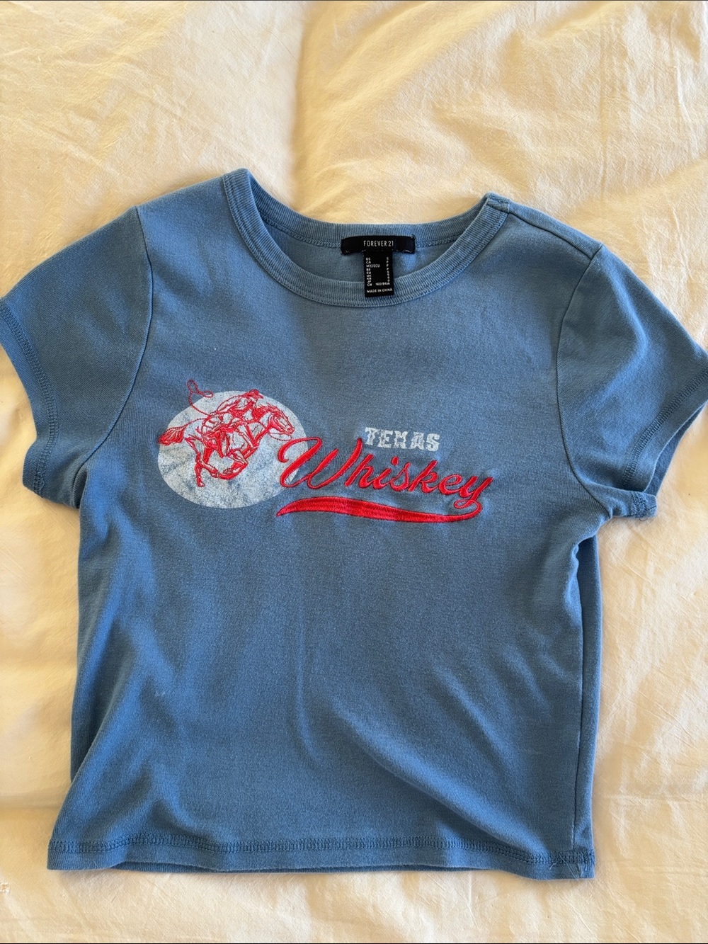 Forever 21 Blue Graphic Crop Tee with Red 'Whiskey' Script